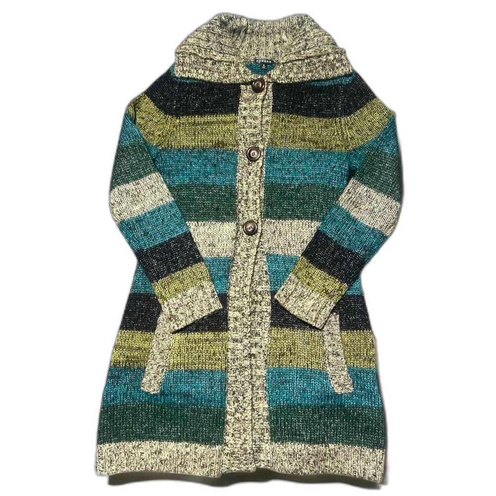 Hannah Women’s Cardigan Sweater Size Small Striped Knit Longline Shawl Collar